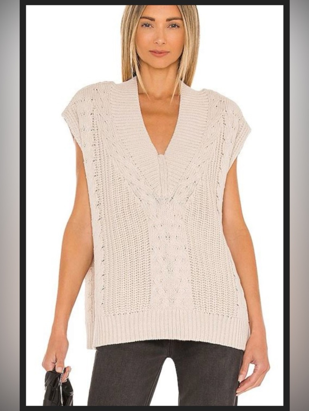 pistola Kiran Beige Oversized Cable Knit V-Neck Sweater Vest Medium 100% Cotton